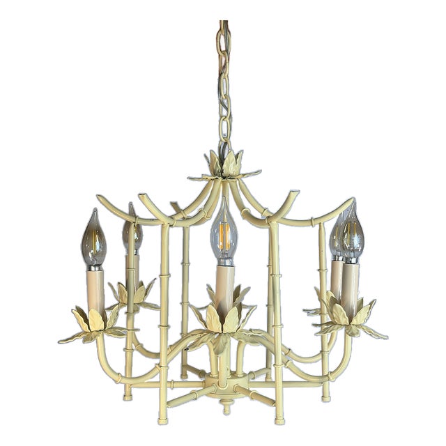Vintage Faux Bamboo "Custom Color Option" Butter Colored Pagoda Tole 5-Light Chandelier For Sale
