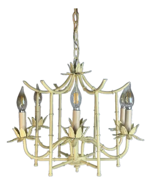 Vintage Faux Bamboo "Custom Color Option" Butter Colored Pagoda Tole 5-Light Chandelier