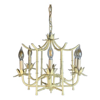 Vintage Faux Butter Cream Bamboo Pagoda Tole 5-Light Chandelier For Sale
