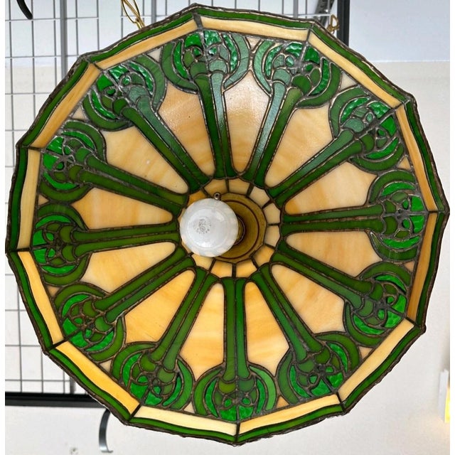 Antique Arts & Crafts j.a. Whaley & Co. Rare Mixed Slag & Stained Glass 12-Sided Swag Pendant Chandelier Lamp For Sale In San Diego - Image 6 of 12