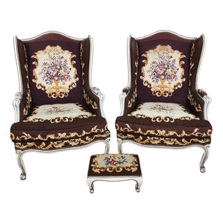 Louis XV High-Backed Armchairs and Ottoman, Set of 3 For Sale