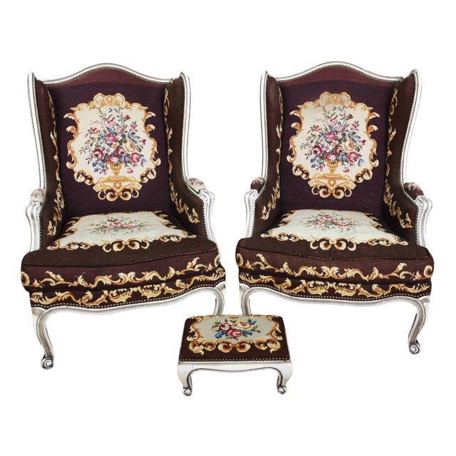 Louis XV High-Backed Armchairs and Ottoman, Set of 3 For Sale