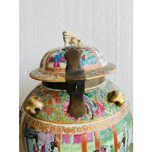 Traditional Antique Rose Medallion /Mandarin Jar With Metal Strap Lid For Sale - Image 3 of 12