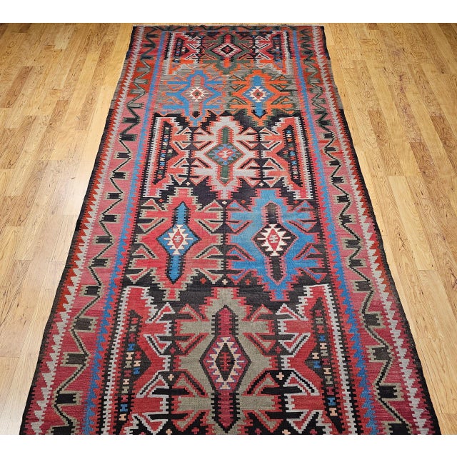 Antique Caucasian Kazak Kilim, Handwoven Wool, Geometric Design, Terracotta & Turquoise, 6' x 11' For Sale - Image 18 of 18
