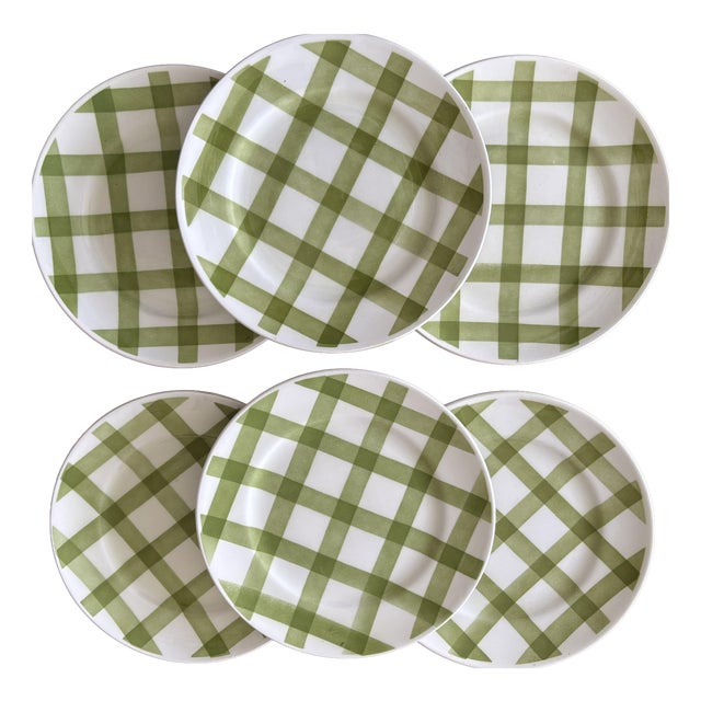 Vintage French Green Earthenware Dessert Plates from Moulin des Loups, 1970s, Set of 6 For Sale