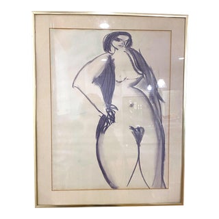 Vintage 20th Century Charcoal Long Hair Nude For Sale