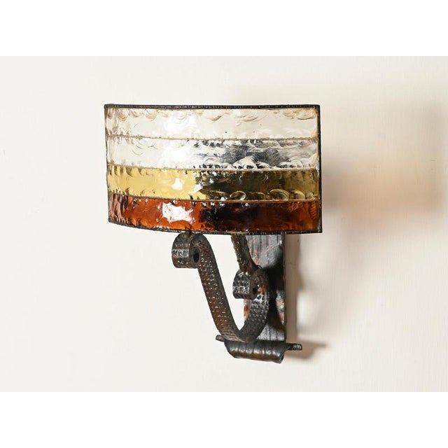 Brutalist Wrought Iron and Amber Glass Sconce attributed to Longobard, Italy, 1970s For Sale - Image 10 of 17