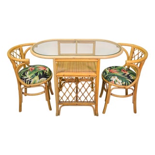Vintage Coastal Rattan Bistro Table & Chairs Set, New Tropical Fabric, 1970s For Sale