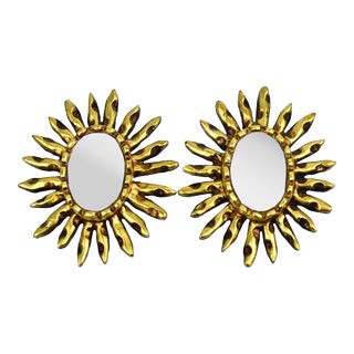 Mid 20th Century Handmade Wooden Gold Sunburst Style Small Decorative Wall Mirrors - Set of 2 For Sale