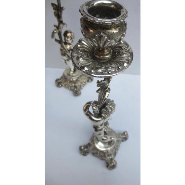 A Pair of Silvered Bronze Putti Candlesticks Circa 1880s - Pair of 2 For Sale - Image 9 of 12