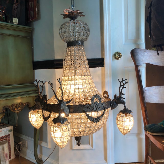 1970s Large Aged Bronze Deer Head Stag Chandelier For Sale - Image 4 of 13