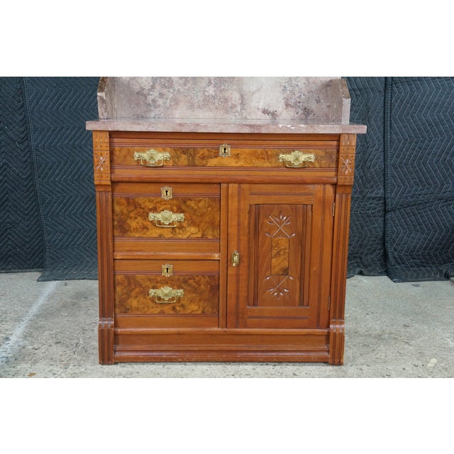 Antique Victorian Eastlake Walnut Burl Marble Washstand & Mirror Commode Cabinet For Sale - Image 6 of 18