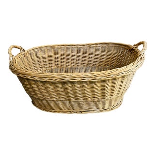 1970s Large European Wicker Laundry Basket With Handles For Sale
