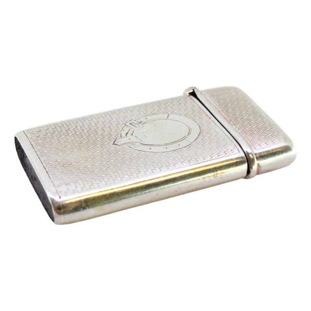 Guilloche Silver Matchbox with Monogram Card For Sale