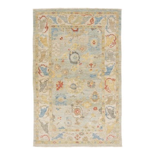 Contemporary Sultanabad Wool Rug - Transitional All-Over Floral Sage Green & Blue For Sale