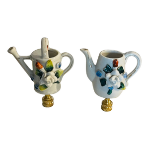Pair Antique Toys Porcelain Flowerr Cans Lamp Finials