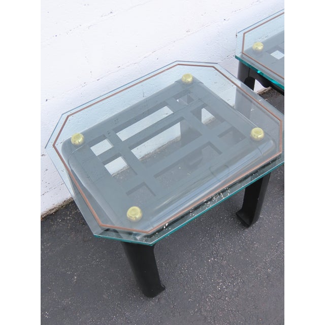 Late 20th Century Hollywood Regency Black Painted Glass Top Side Tables a Pair 6901 For Sale - Image 5 of 18
