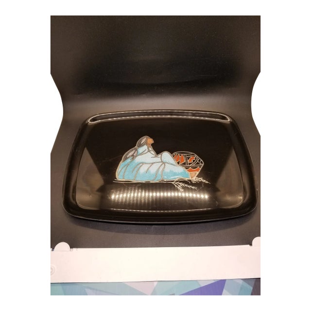 MCM Couroc Sw Woman Native Pottery Silver Colorful Inlaid Black Tray For Sale