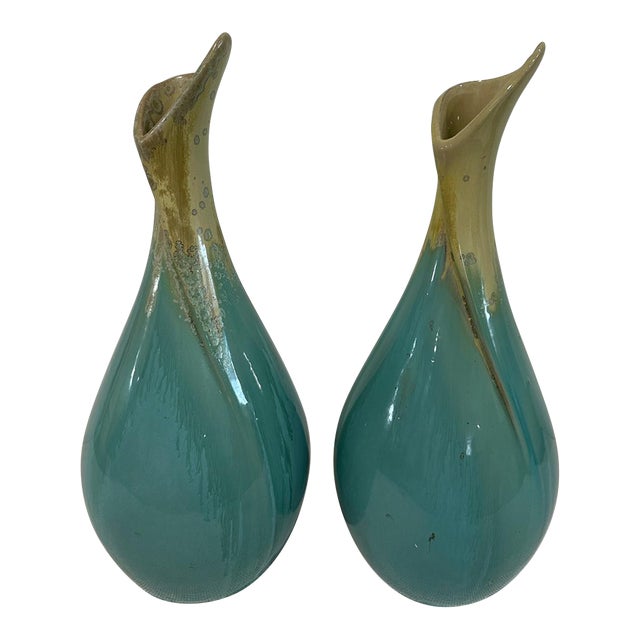 Set of 2 Mid-Century Modern Glazed Pottery Vases For Sale