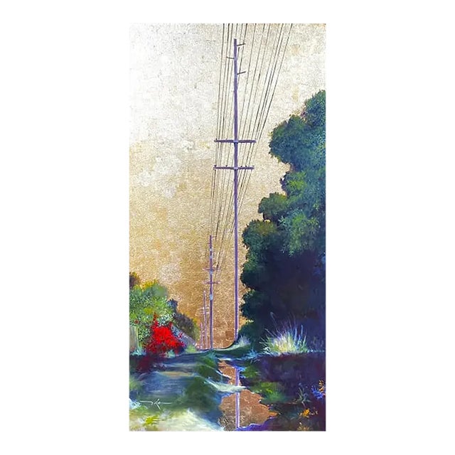 Original Realist Cityscape Mixed-Media Painting, "Golden Skies No. 117" For Sale