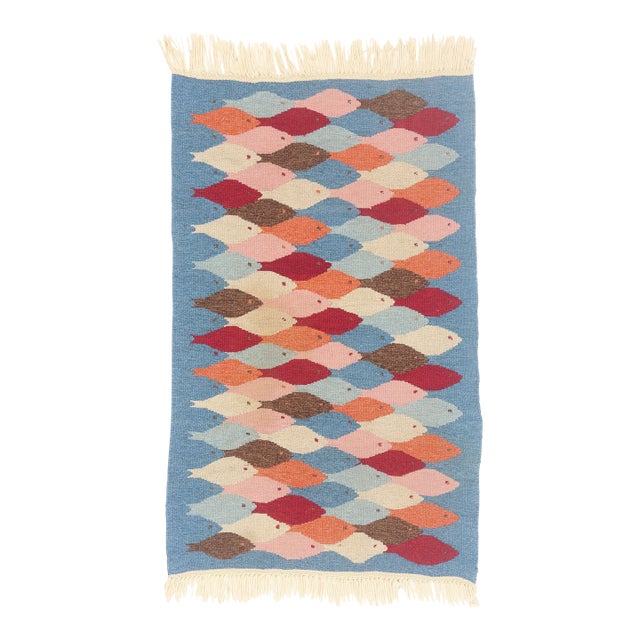Vintage Swedish Fish Rollakan Rug, 03'00 X 04'09 For Sale