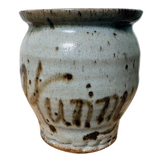 Vintage Art Christensen Signed Studio Art Pottery Utensil Crock - Earthy Celadon & Iron Brushwork For Sale