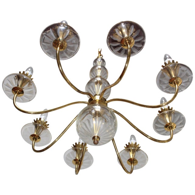 1950s Brass and Etched Glass Chandelier by Lightolier For Sale