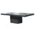 A mid-century modern coffee table with a black slate base and geometric top.