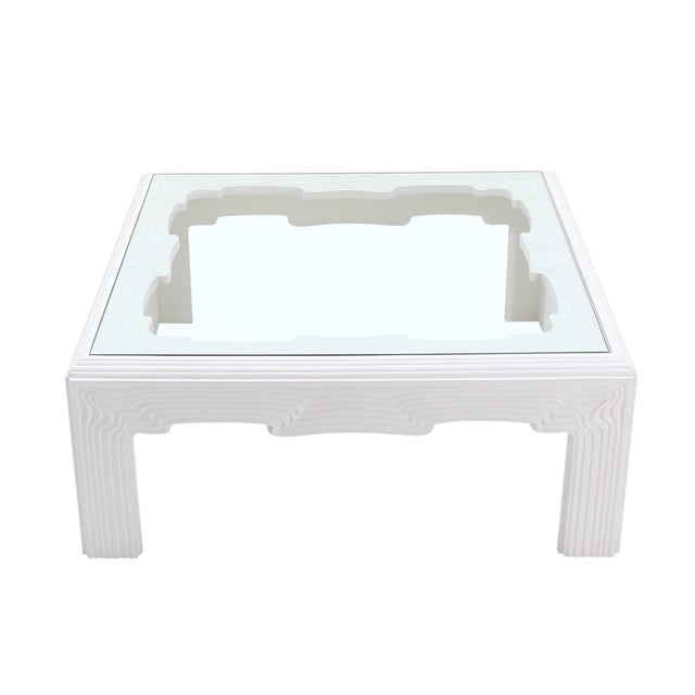Square Modern "Wave" Pattern Carving White Lacquer Coffee Table For Sale - Image 9 of 10