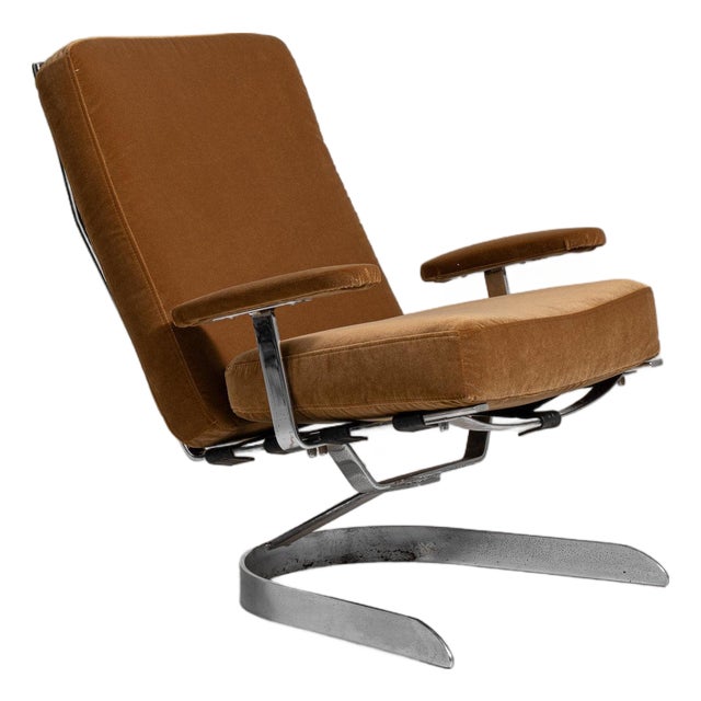 1960-1969 Germany Warm Tan Leather Chrome-Frame Swivel Chair For Sale