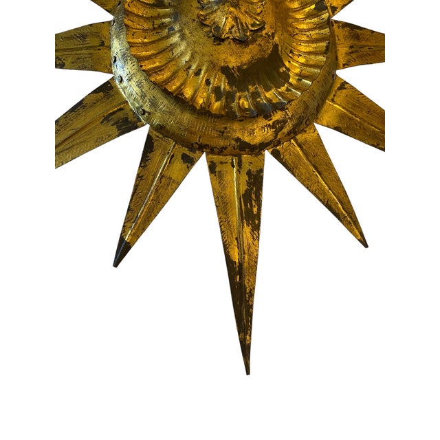 Oliver Messel, 1960s Vintage Gilt Metal Flush Mount Sunburst Light With Matching Ceiling Rose For Sale In Los Angeles - Image 6 of 8