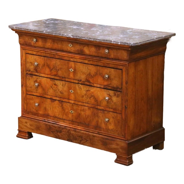 19th Century French Louis Philippe Burled Mahogany Commode With Marble Top For Sale