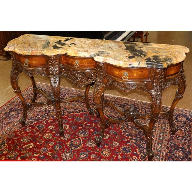 French Louis XV Carved Walnut Inlaid Marble Top Buffet Sideboard Circa 1910 Dimensions : 72" Wide X 23" Deep X 38.5" Talll...