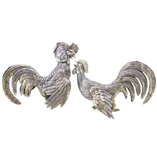 Silver Fighting Cocks with Reliefs, Set of 2 For Sale - Image 6 of 6