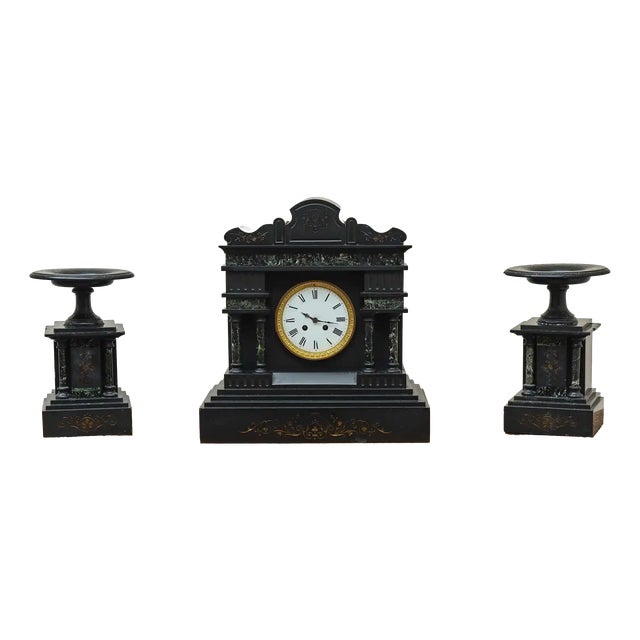Antique Art Deco Mantel Clock in Marble, 1920s, Set of 3 For Sale