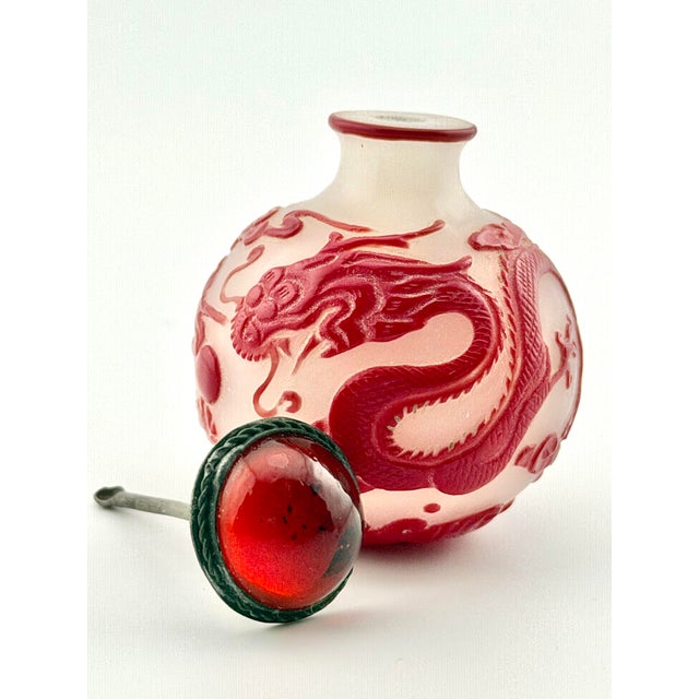 Glass Chinese Peking Glass Snuff Bottle-Carved Red Cameo Overlay Dragon & Phoenix Design, 19th Century For Sale - Image 7 of 9