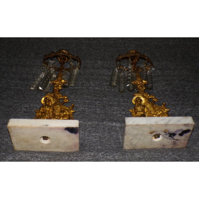 Pair Antique Victorian Girandoles Brass Marble Crystal Candelabra Candle Holders For Sale - Image 14 of 15