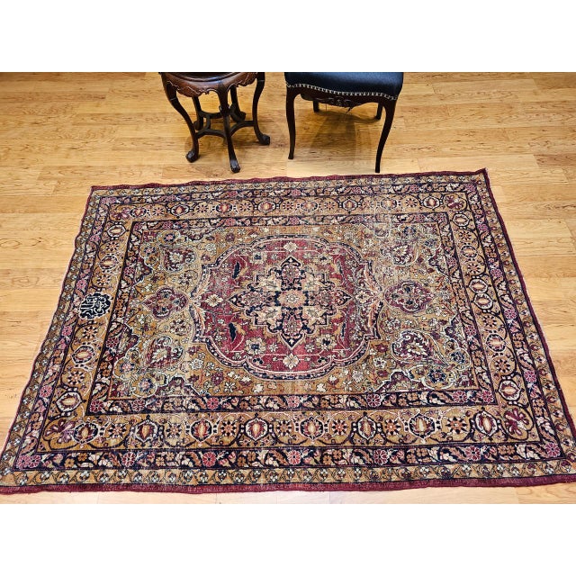 19th Century Persian Kerman Lavar Rug, Hand-Knotted Wool & Silk, Floral Pattern, Gold & Red, 4x6 For Sale - Image 4 of 16
