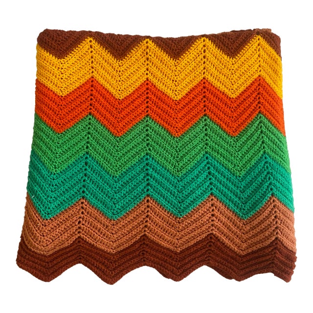 Vintage 1970s Multicolor Chevron Crocheted Throw Blanket For Sale
