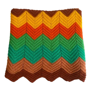 Vintage 1970s Multicolor Chevron Crocheted Throw Blanket