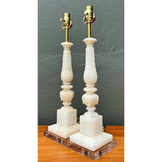 Vintage Carved Stone Column Lamp - A Pair For Sale - Image 4 of 12