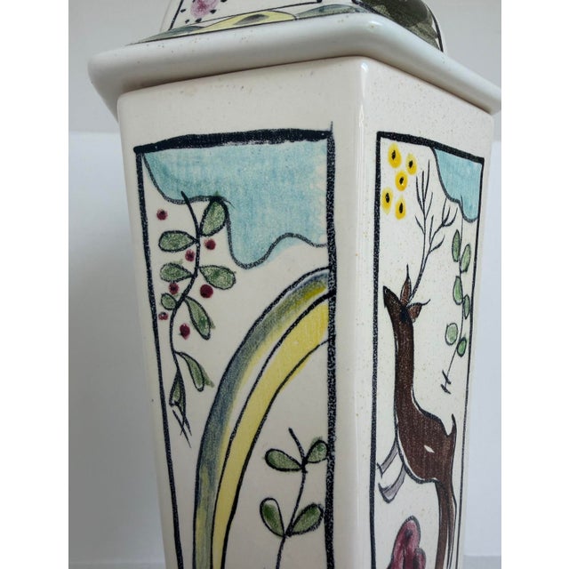 1950s Whimsical Hand-Painted Folk Animals Lidded Hexagonal Urn / Jar For Sale In Washington DC - Image 6 of 11