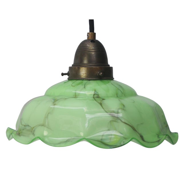 Green French Green Clichy Marble Patern Glass Pendant Lamp, 1920s, Set of 2 For Sale - Image 8 of 9