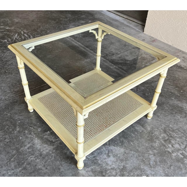 Cream 1970s Chinoiserie Faux Bamboo Fretwork and Cane Square Coffee Table For Sale - Image 8 of 13