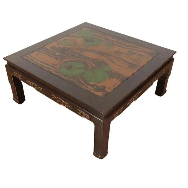 Chinese Ebonized and Gilt Pond Scene Coffee Table For Sale - Image 4 of 4