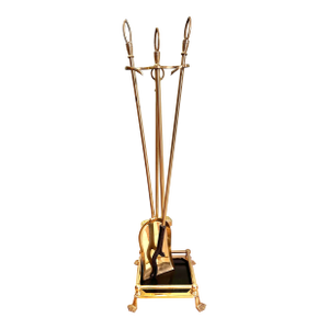 1970’s Colonial Revival Brass Fireplace Tools With Paw Foot Gallery Stand