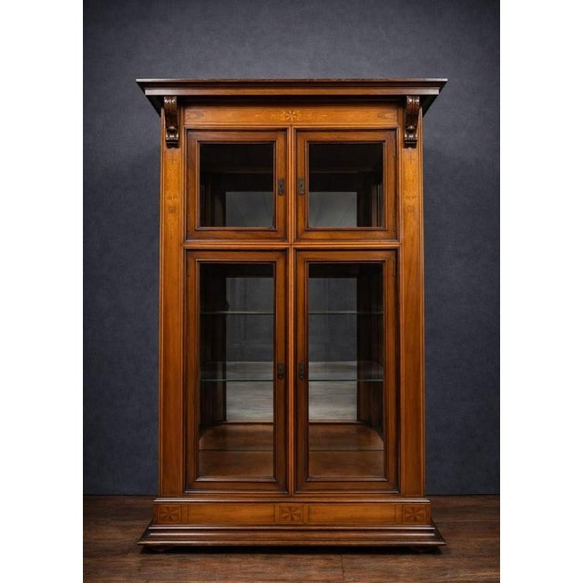 Wood Antique Marquetry Display Cabinet with Glass Doors For Sale - Image 7 of 7