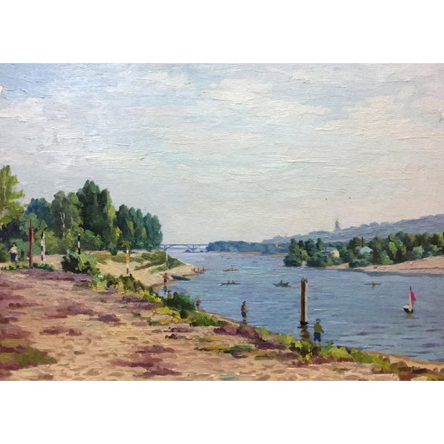 1970s Oil Painting Rest by the River Leonid Konstantinovich Kudryavtsev For Sale
