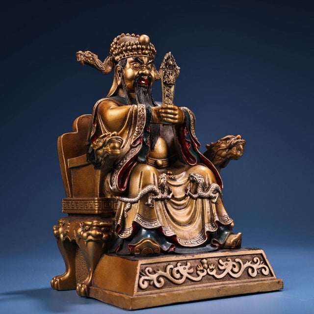 Antique Chinese Gilt Bronze Dragon King Statue With Polychrome Paint For Sale In Los Angeles - Image 6 of 10