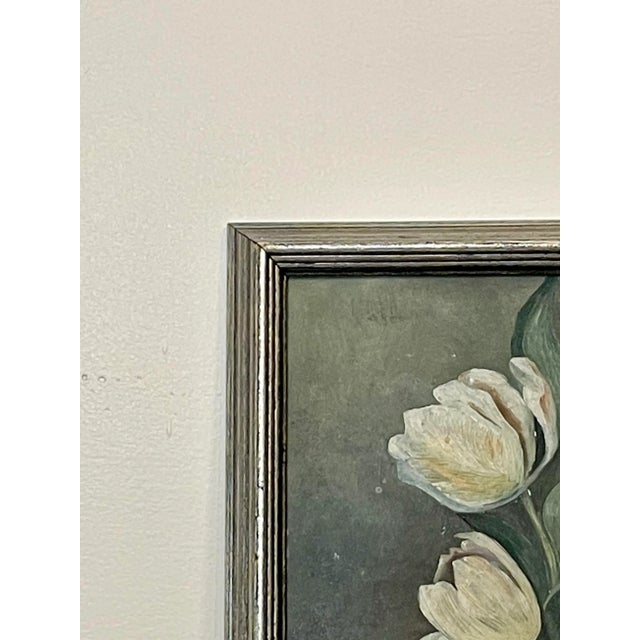 Early 20th Century Antique Dutch Renaissance Floral Still Life Original Framed Oil Painting on Tin in Silver, White, Blush For Sale - Image 5 of 12